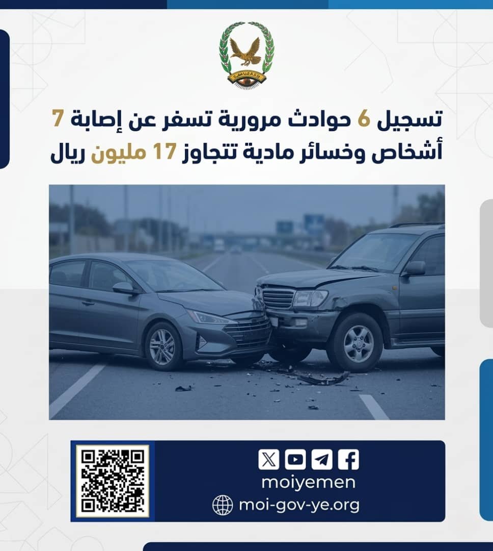 تسجيل 6 حوادث مرورية تسفر عن إصابة 7 أشخاص وخسائر مادية تتجاوز 17 مليون ريال Image