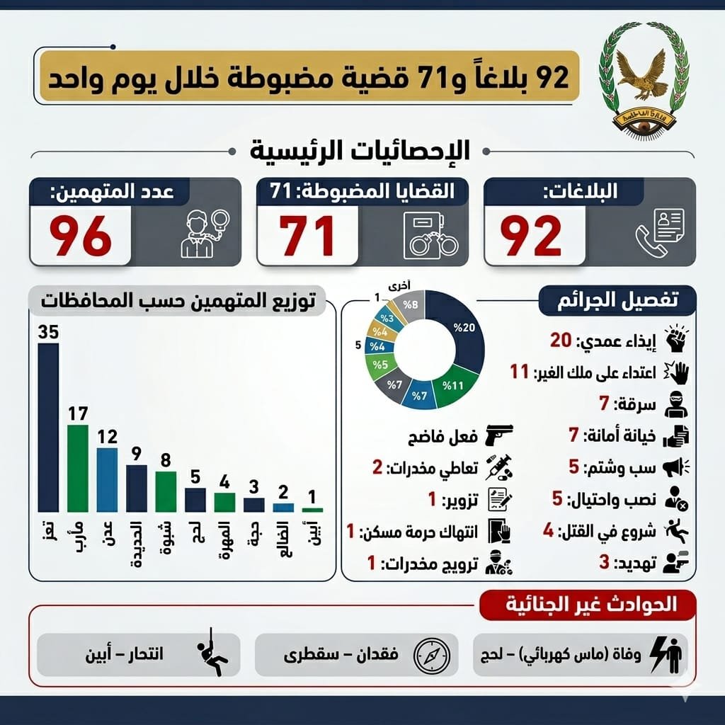 ضبط 96 متهما  في71 قضية جنائية خلال يوم واحد في المحافظات المحررة Image