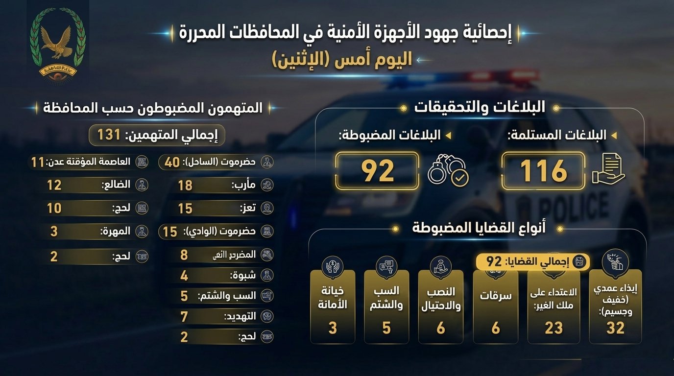 الأجهزة الأمنية تسجل 116 بلاغاً وتضبط 131 متهماً في المحافظات المحررة Image
