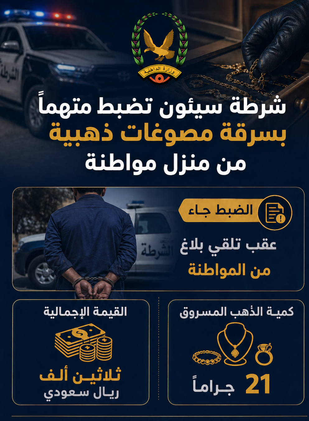 شرطة مديرية سيئون تضبط متهماً بسرقة مصوغات ذهبية من منزل مواطنة Image