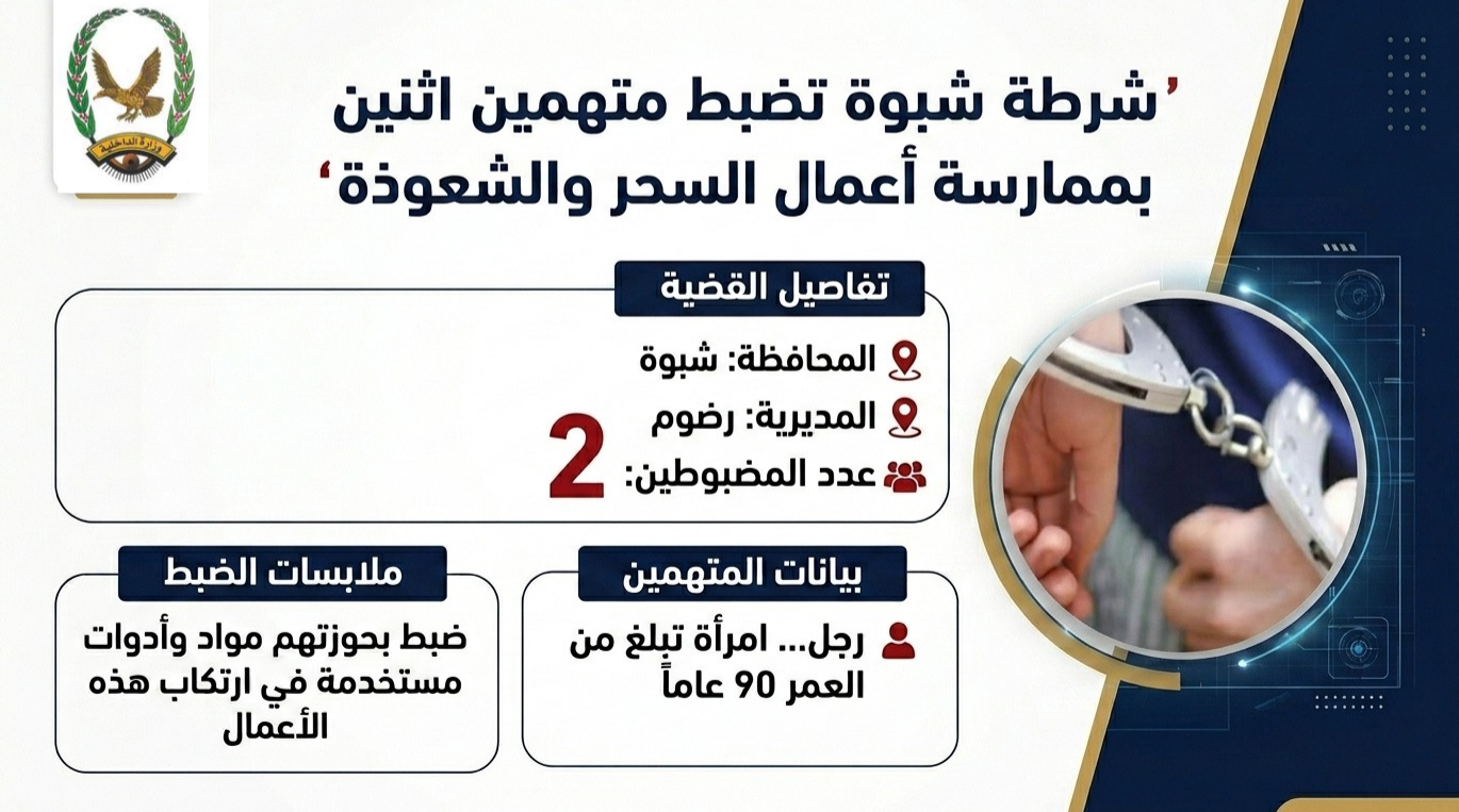 شرطة شبوة تضبط متهمين اثنين بجريمة ممارسة السحر والشعوذة Image